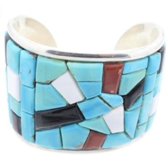 Michael Spencer Navajo Sterling Silver Turquoise Mosaic Bracelet Cuff Coral - Picture 1 of 5